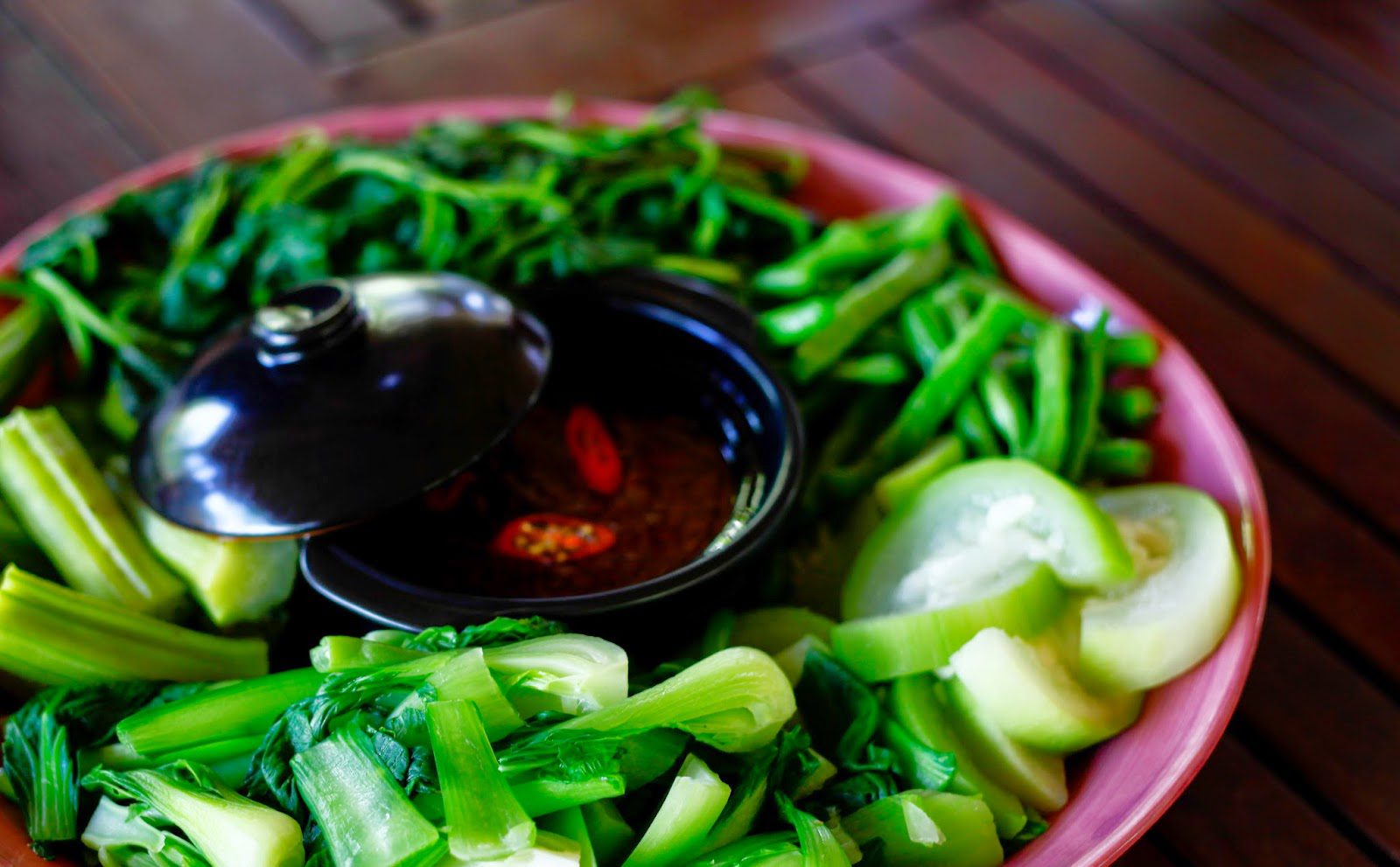 Steamed home grown vegetables with Vietnamese dip